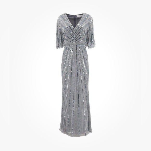 Mac Duggal 93583 Beaded Cape Sleeve Sequined Column Gown Slate Blue NWT Sz 8 - Picture 3 of 16